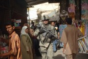 U.S. Army Staff Sgt. Kevin Nettnin conducts a dismounted patrol to assess the progress of security measures in the Al Dora market area of Baghdad, Iraq, May 25, 2007 (U.S. Army photo by Staff Sgt. Bronco Suzuki).