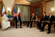 Donald Trump shakes hands with Qatar’s Emir Sheikh Tamim bin Hamad Al Thani during a bilateral meeting as Rex Tillerson, Jared Kushner and H.R. McMaster look on, Riyadh, May 21, 2017 (AP photo by Evan Vucci).