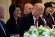 President Donald Trump and Nikki Haley, the U.S. ambassador to the U.N., during a working lunch with ambassadors from U.N. Security Council countries and their spouses, Washington, April 24, 2017 (AP photo by Susan Walsh).