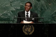 Teodoro Obiang Nguema Mbasogo, the president of Equatorial Guinea, addresses the United Nations General Assembly at U.N. headquarters, New York, Sept. 21, 2017 (AP photo by Frank Franklin II).