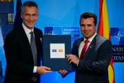 NATO Secretary-General Jens Stoltenberg, left, and Macedonian Prime Minister Zoran Zaev at the NATO summit, Brussels, July 12, 2018 (Photo by Alexey Vitvitsky for Sputnik via AP Images).