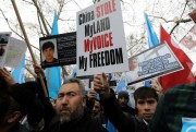 Uighurs living in Turkey protest against China’s oppression of Muslim Uighurs in far-western Xinjiang province, in Ankara, Turkey, Feb. 5, 2018 (AP photo by Burhan Ozbilici).