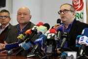 Former FARC chief Rodrigo Londono, now the head of its political party, speaking at a press conference the day after a cadre of hard-line FARC leaders announced they will take up arms again, Bogota, Colombia, Aug. 29, 2019 (AP photo by Fernando Vergara).