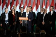 Prime Minister Viktor Orban, center, during a Fidesz party press conference after nationwide local elections, Budapest, Hungary, Oct. 13, 2019 (MTI photo by Szilard Koszticsak via AP).