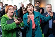 Swiss Green Party President and National Councilor Regula Rytz, right, and Green Party Bern Grand Councilor Natalie Imboden react to election results, Bern, Switzerland, Oct. 20, 2019 (Photo by Peter Schneider for Keystone via AP Images).