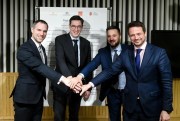 The mayors of Prague, Budapest, Bratislava and Warsaw pose after signing the Pact of Free Cities at the Central European University in Budapest, Hungary, Dec. 16, 2019 (MTI photo by Szilard Koszticsak via AP Images).