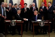 President Donald Trump and Chinese Vice Premier Liu He shake hands after signing the “phase one” trade agreement in the East Room of the White House, Washington, Jan. 15, 2020 (AP photo by Evan Vucci).