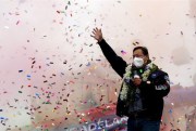 Luis Arce, then-presidential candidate for Bolivia’s Movement Toward Socialism party, at a closing campaign rally in El Alto, Bolivia, Oct. 14, 2020 (AP photo by Juan Karita).