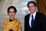 State Counsellor of Myanmar Aung San Suu Kyi poses with U.S. Deputy Secretary of State Antony Blinken.