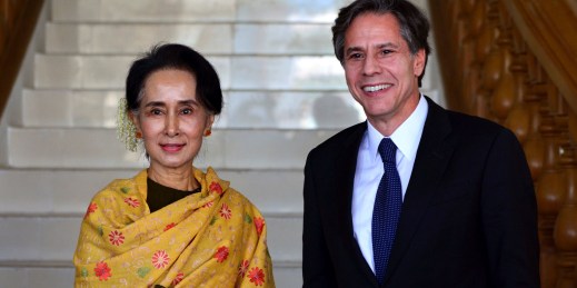 State Counsellor of Myanmar Aung San Suu Kyi poses with U.S. Deputy Secretary of State Antony Blinken.