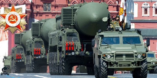 Russian RS-24 Yars ballistic missiles roll in Moscow.