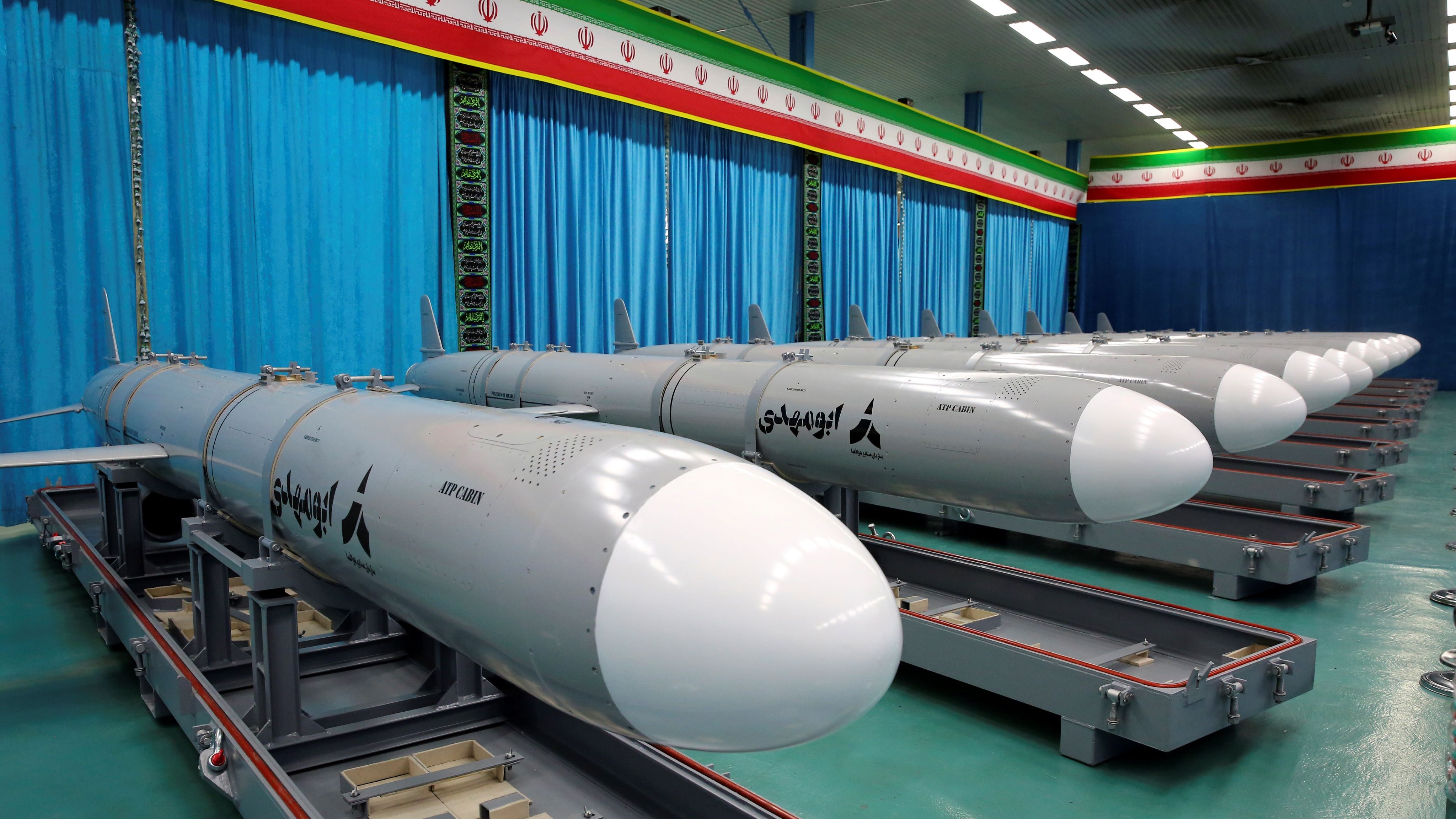 Iran’s Abu Mahdi naval cruise missiles are displayed