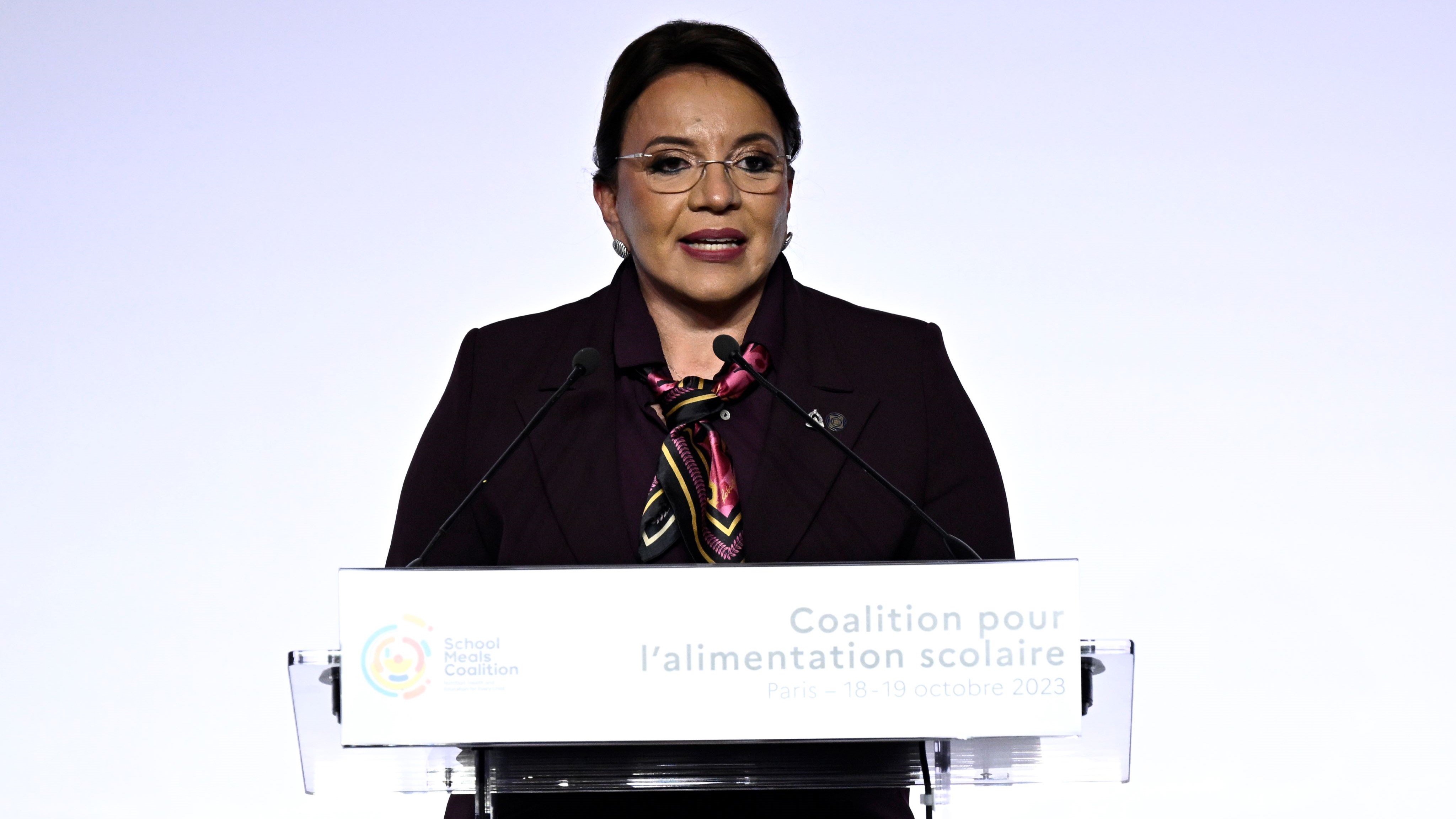 Honduran President Xiomara Castro delivers a speech during the first meeting of the Global School Meals Coalition in Paris, Oct. 18, 2023.