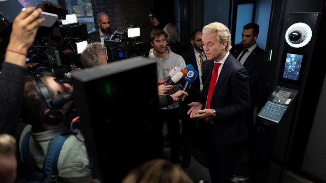 Geert Wilders talks to the media