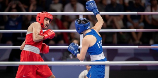 Algeria’s Imane Khelif fights Italy’s Angela Carini.