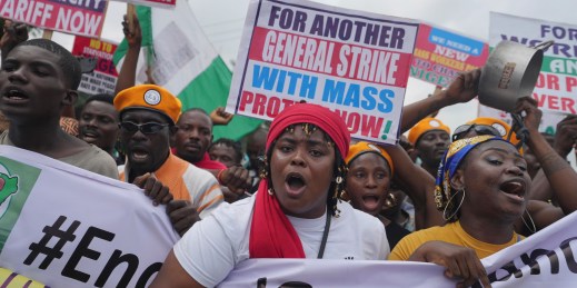 People gather in Lagos, Nigeria, to protest.