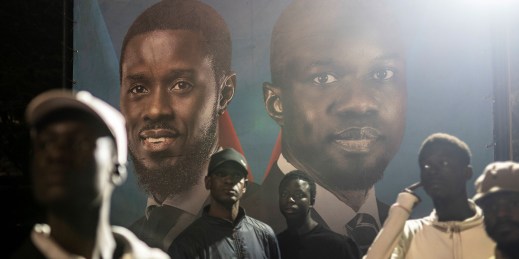 A billboard featuring then-presidential candidate Bassirou Diomaye Faye and opposition leader Ousmane Sonko in Senegal.