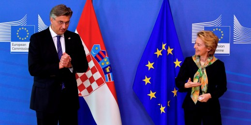 European Commission President Ursula von der Leyen welcomes Croatian Prime Minister Andrej Plenkovic.