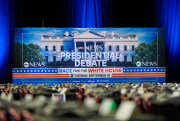 A sign announces the presidential debate Vice President Kamala Harris and former President Donald Trump.