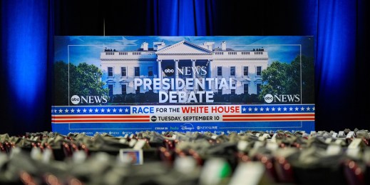 A sign announces the presidential debate Vice President Kamala Harris and former President Donald Trump.