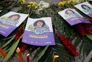 Flyers bearing the image of slain Honduran environmental and Indigenous rights activist Berta Caceres.