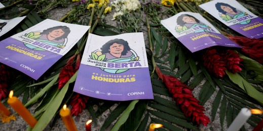 Flyers bearing the image of slain Honduran environmental and Indigenous rights activist Berta Caceres.