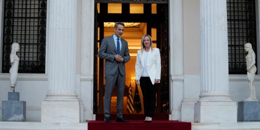 Greek Prime Minister Kyriakos Mitsotakis and Italian Prime Minister Giorgia Meloni.