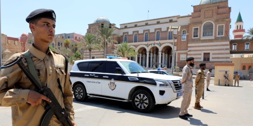 Libyan soldiers guard the Central Bank headquarters.