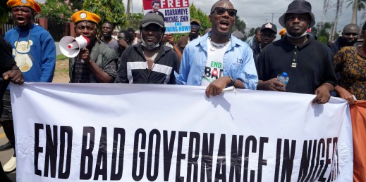 Demonstrators protest in Lagos, Nigeria.