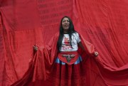 Demonstrators depicting female victims of forced sterilization during former President Alberto Fujimori’s government.