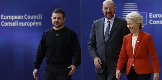 Ukrainian President Volodymyr Zelenskyy, European Commission President Ursula von der Leyen and European Council President Charles Michel.