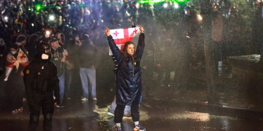 A demonstrator holds a Georgian national flag.