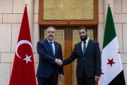 Turkish Foreign Minister Hakan Fidan shakes hands with Ahmad al-Sharaa.